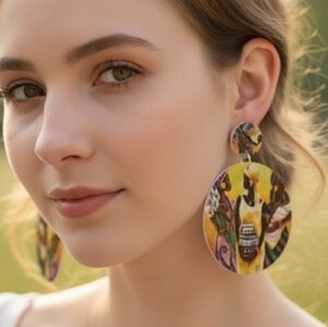 Round African  painted wood earrings for women, ethnic style earrings 3.0 inches